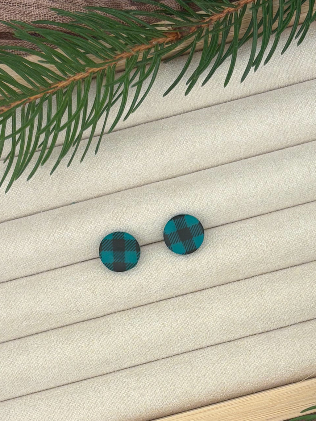 Green Gingham Studs